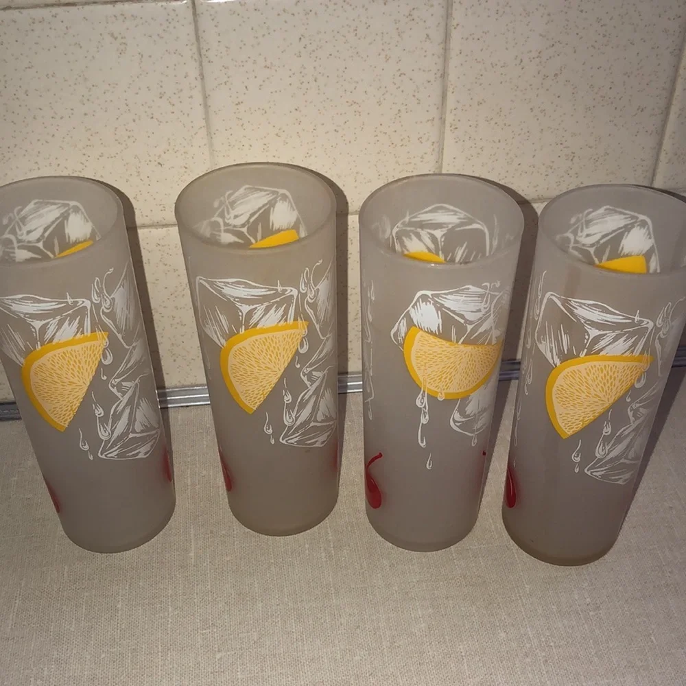 VINTAGE TOM COLLINS FROSTED SLIM TALL LEMON & CHERRY SET‎ OF 4 GLASSES